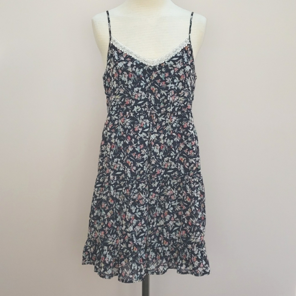 Maurices Navy Blue Floral Ruffle Tiered Sleeveless Mini Dress, Size Small